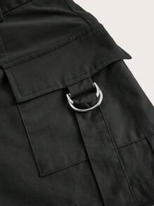 SHEIN EZwear 素色翻蓋口袋工裝短褲 - 黑色 - 查看 3