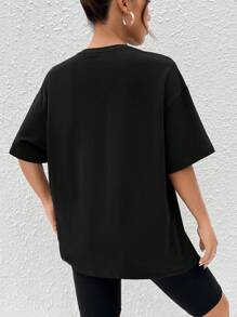 SHEIN EZwear 外星人与口号图案落肩 T 恤沉浸在思考中的愉悦状态勇敢地追逐我们的白日梦 - 黑色 - 查看 2