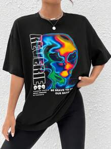 SHEIN EZwear 外星人与口号图案落肩 T 恤沉浸在思考中的愉悦状态勇敢地追逐我们的白日梦 - 黑色 - 查看 3