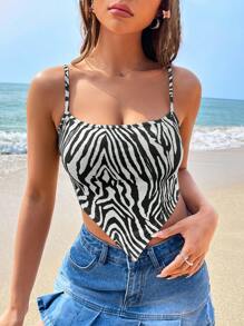 SHEIN EZwear 斑馬條紋頭巾下擺吊帶上衣 - 黑與白 - 查看 1