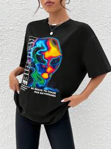 SHEIN EZwear 外星人与口号图案落肩 T 恤沉浸在思考中的愉悦状态勇敢地追逐我们的白日梦 - 黑色 - 查看 4