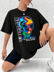 SHEIN EZwear 外星人与口号图案落肩 T 恤沉浸在思考中的愉悦状态勇敢地追逐我们的白日梦 - 黑色 - 查看 5