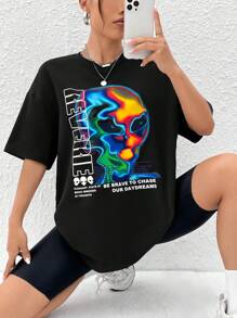 SHEIN EZwear 外星人与口号图案落肩 T 恤沉浸在思考中的愉悦状态勇敢地追逐我们的白日梦 - 黑色 - 查看 6