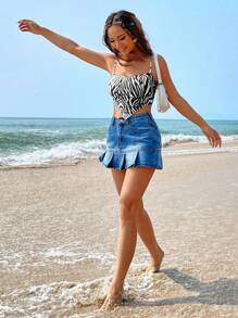 SHEIN EZwear 斑馬條紋頭巾下擺吊帶上衣 - 黑與白 - 查看 6