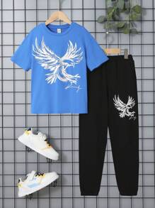 SHEIN 男孩鷹和字母圖案T恤和褲子 - 藍色 - 查看 1