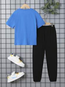 SHEIN 男孩鷹和字母圖案T恤和褲子 - 藍色 - 查看 2