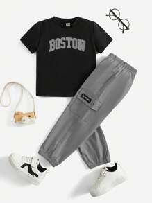 SHEIN 男童字母圖形t恤和翻蓋口袋貨物褲 - 彩色 - 查看 1