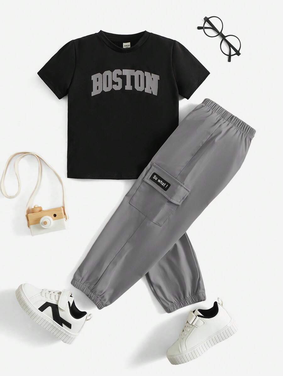 SHEIN 男童字母圖形t恤和翻蓋口袋貨物褲 - 彩色 - 查看 1