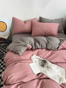 Bộ 3 món giường ngủ/phòng ngủ màu hồng - 1 vỏ chăn & 2 vỏ gối, siêu mềm, có thể giặt bằng máy, không có ruột - Hồng - Xem 3
