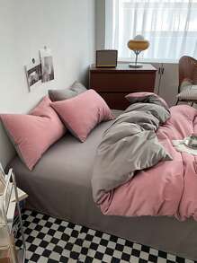 Bộ 3 món giường ngủ/phòng ngủ màu hồng - 1 vỏ chăn & 2 vỏ gối, siêu mềm, có thể giặt bằng máy, không có ruột - Hồng - Xem 6