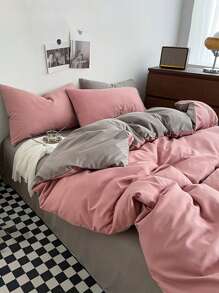 Bộ 3 món giường ngủ/phòng ngủ màu hồng - 1 vỏ chăn & 2 vỏ gối, siêu mềm, có thể giặt bằng máy, không có ruột - Hồng - Xem 9