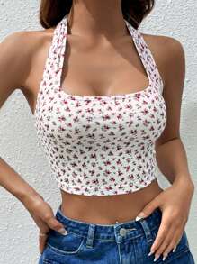 SHEIN EZwear Ditsy Floral Print Halter Top - Red - View 3