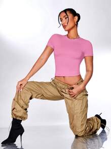 SHEIN BAE Solid Crop Tee - Pink - View 3