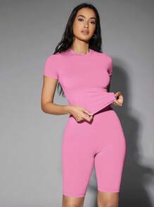 SHEIN BAE Solid Crop Tee - Pink - View 9