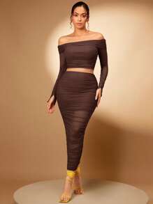 Silquee 一字肩短款T恤&鉛筆裙 - 巧克力棕 - 查看 4