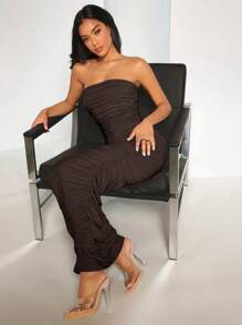 SHEIN BAE Solid Ruched Tube Bodycon Dress - Chocolate Brown - View 1