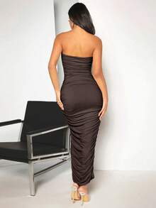 SHEIN BAE Solid Ruched Tube Bodycon Dress - Chocolate Brown - View 2
