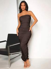 SHEIN BAE Solid Ruched Tube Bodycon Dress - Chocolate Brown - View 3