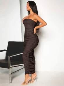 SHEIN BAE Solid Ruched Tube Bodycon Dress - Chocolate Brown - View 4