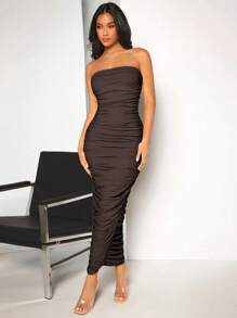 SHEIN BAE Solid Ruched Tube Bodycon Dress - Chocolate Brown - View 5