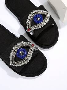 女式水鑽眼睛裝飾臥室拖鞋，時尚室內家居拖鞋 - 黑色 - 查看 2