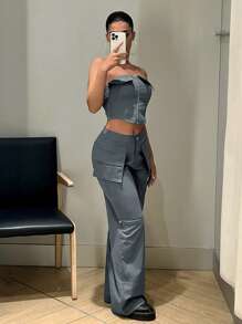 SHEIN X Antonella SHEIN ICON Bộ đồ hai mảnh nữ Túi Dây kéo màu trơn Giải trí - Xám - Xem 4