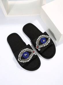 女式水鑽眼睛裝飾臥室拖鞋，時尚室內家居拖鞋 - 黑色 - 查看 4