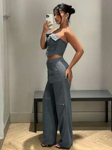 SHEIN X Antonella SHEIN ICON Bộ đồ hai mảnh nữ Túi Dây kéo màu trơn Giải trí - Xám - Xem 5