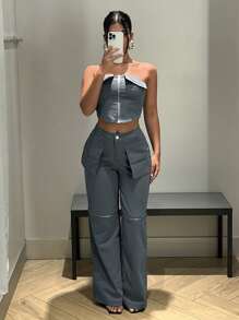 SHEIN X Antonella SHEIN ICON Bộ đồ hai mảnh nữ Túi Dây kéo màu trơn Giải trí - Xám - Xem 6