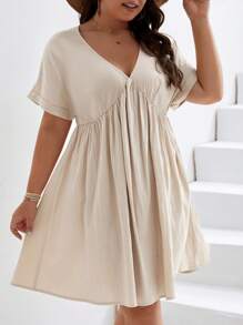 SHEIN Frenchy Plus Solid Batwing Sleeve Dress - Khaki - View 3