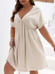 SHEIN Frenchy Plus Solid Batwing Sleeve Dress - Khaki - View 4