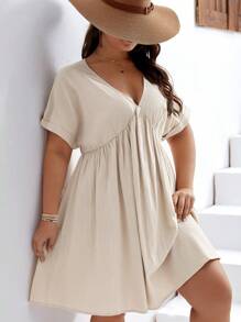 SHEIN Frenchy Plus Solid Batwing Sleeve Dress - Khaki - View 5