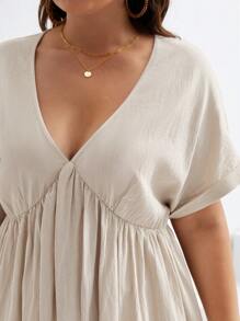 SHEIN Frenchy Plus Solid Batwing Sleeve Dress - Khaki - View 6