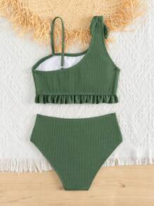 青少年女孩结肩荷叶边下摆比基尼套装夏季海滩 - 軍綠色 - 查看 2