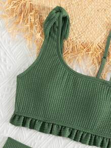 青少年女孩结肩荷叶边下摆比基尼套装夏季海滩 - 軍綠色 - 查看 3