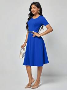 SHEIN Clasi Đầm Chuỗi Dây kéo màu trơn Thanh lịch - Màu xanh lam - Xem 4