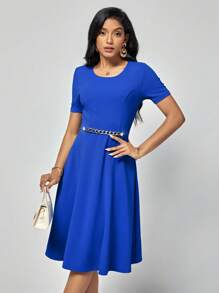 SHEIN Clasi Đầm Chuỗi Dây kéo màu trơn Thanh lịch - Màu xanh lam - Xem 5