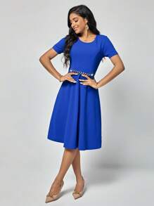 SHEIN Clasi Đầm Chuỗi Dây kéo màu trơn Thanh lịch - Màu xanh lam - Xem 1