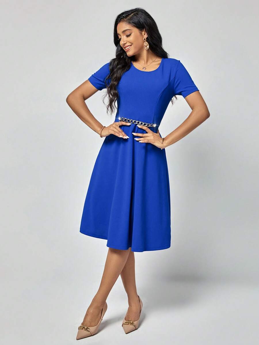 SHEIN Clasi Đầm Chuỗi Dây kéo màu trơn Thanh lịch - Màu xanh lam - Xem 1