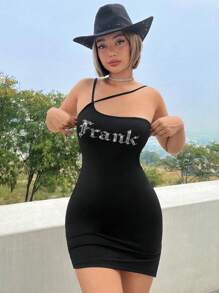 SHEIN ICON Đầm Pha lê kim cương Chia Lá thư Gợi cảm - màu đen - Xem 3