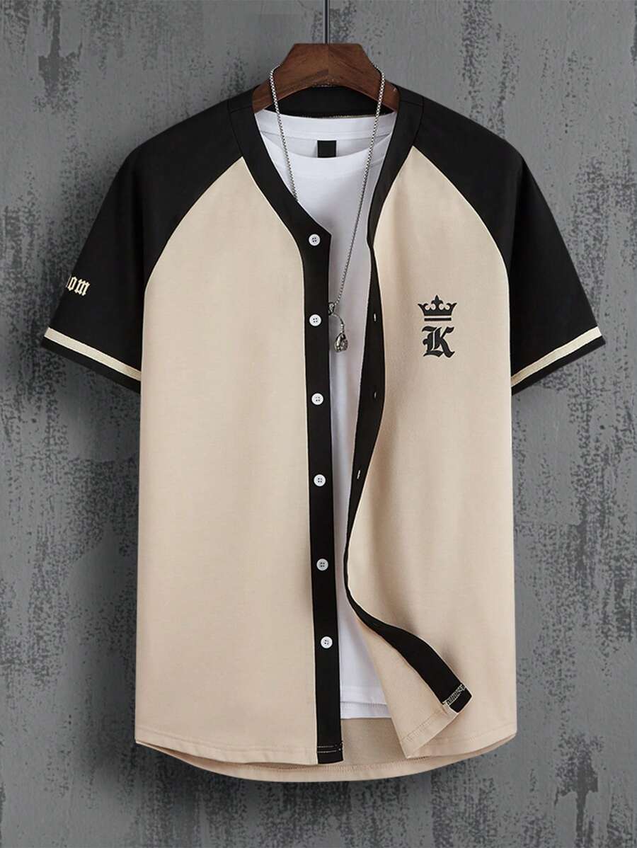 Manfinity Homme Men Crown & Letter Graphic Raglan Sleeve Colourblock Shirt Without Tee - Multicolor - View 1