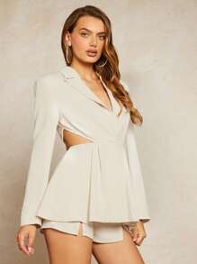 SHEIN BAE 西裝領腰部鏤空西裝外套&短褲 - 杏色 - 查看 3