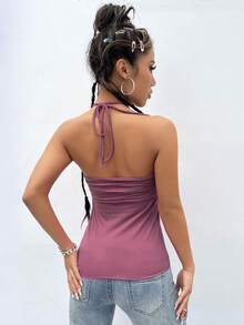 SHEIN ICON Heart Ring Detail Ruched Bust Tie Backless Halter Top - Dusty Pink - View 2