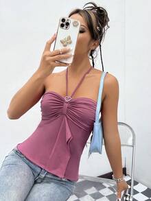 SHEIN ICON Heart Ring Detail Ruched Bust Tie Backless Halter Top - Dusty Pink - View 3
