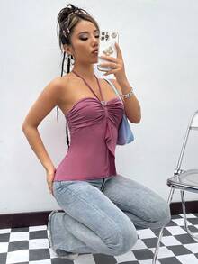 SHEIN ICON Heart Ring Detail Ruched Bust Tie Backless Halter Top - Dusty Pink - View 4