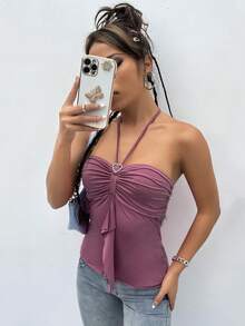 SHEIN ICON Heart Ring Detail Ruched Bust Tie Backless Halter Top - Dusty Pink - View 5