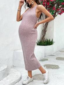 SHEIN Maternidad Vestido de tirantes tejido de canalé - Rosa vieja - Ver 6
