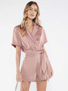BizChic Solid Knot Front Lapel Neck Romper Workwear - Dusty Pink - View 1