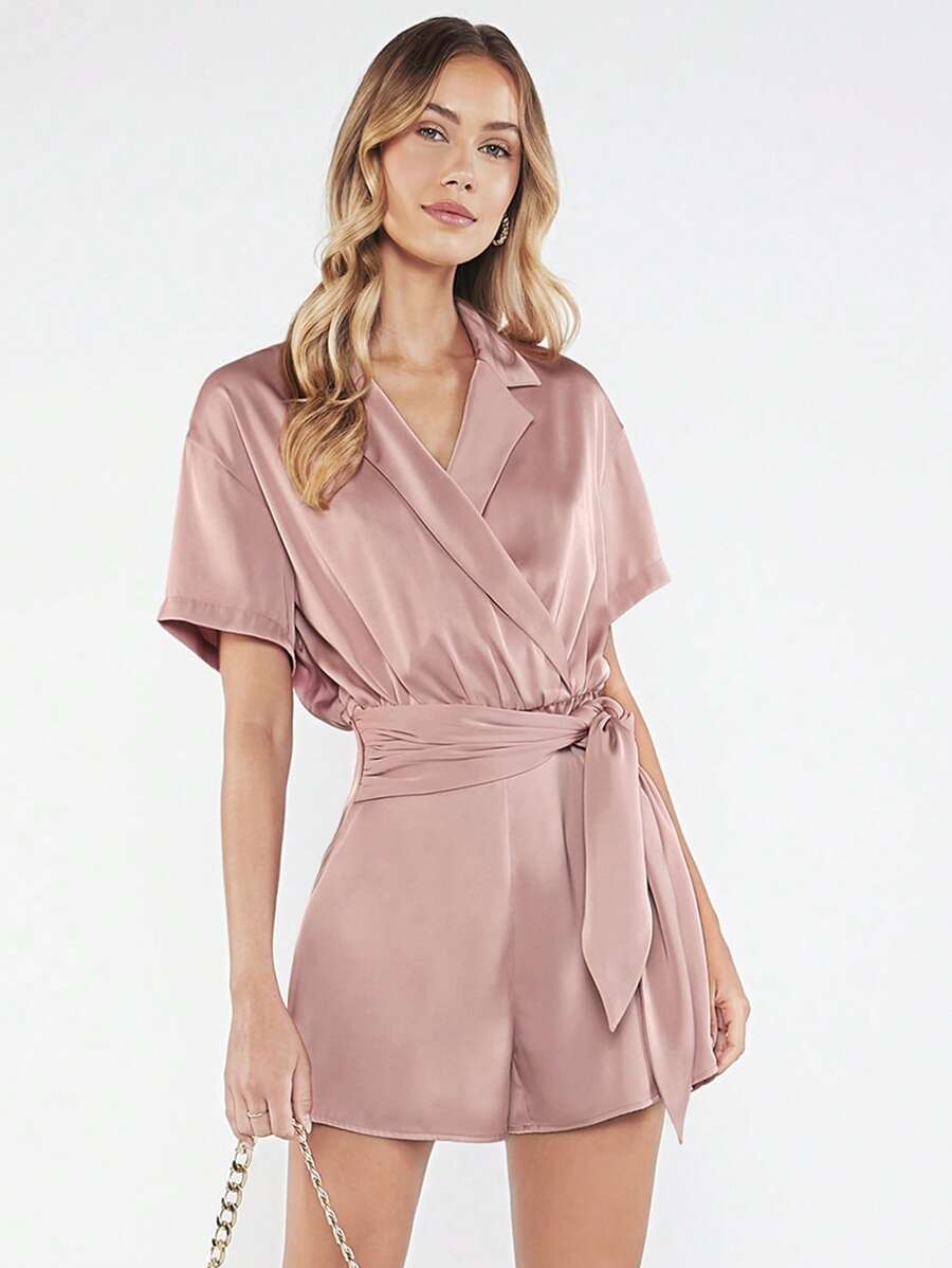 BizChic Solid Knot Front Lapel Neck Romper Workwear - Dusty Pink - View 1