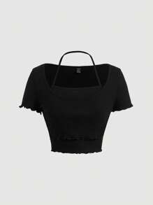 SHEIN MOD Solid Lettuce Trim Crop Tee - Black - View 1